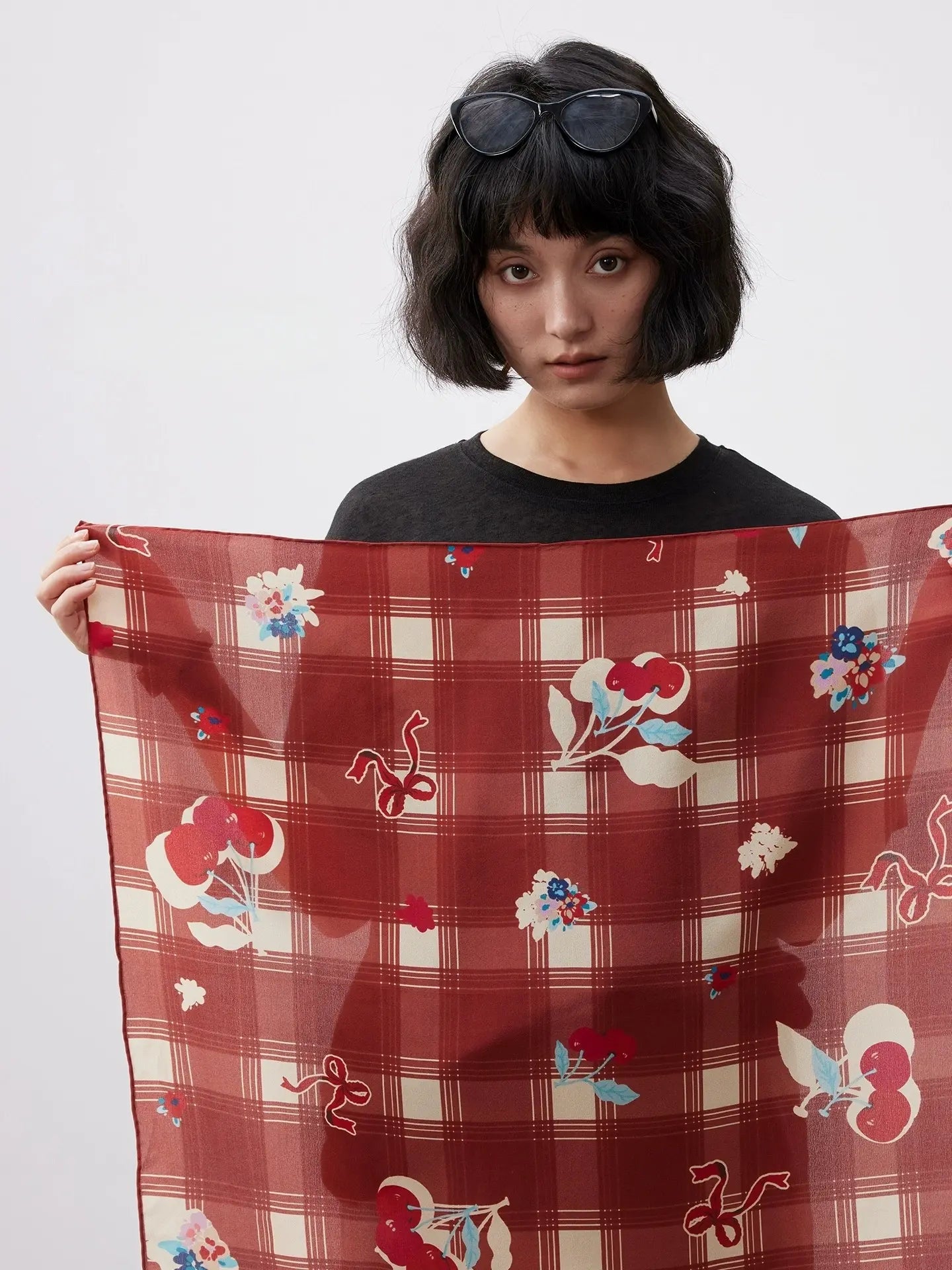 Burgundy cherry plaid silk square scarf made from 100% mulberry silk, shown unfolded with vintage pattern details