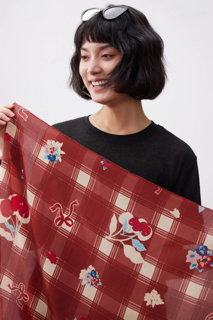 Cherry plaid mulberry silk square scarf in burgundy, featuring classic plaid and romantic cherry print design