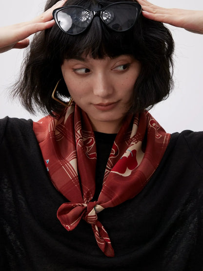 Vintage cherry plaid silk scarf tied around the neck, burgundy silk bandana for elegant everyday styling