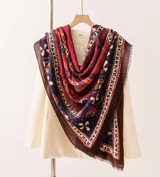 Water-Soluble Wool Vintage Print Scarf – Large Wrap Design
