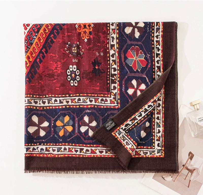 Water-Soluble Wool Vintage Print Scarf – Large Wrap Design