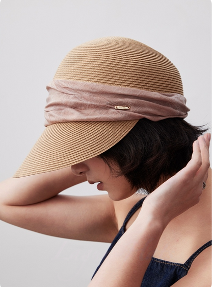 Wide Brim Sun Hat – With Pleated Decorative Band - AOA Fashion Accessories