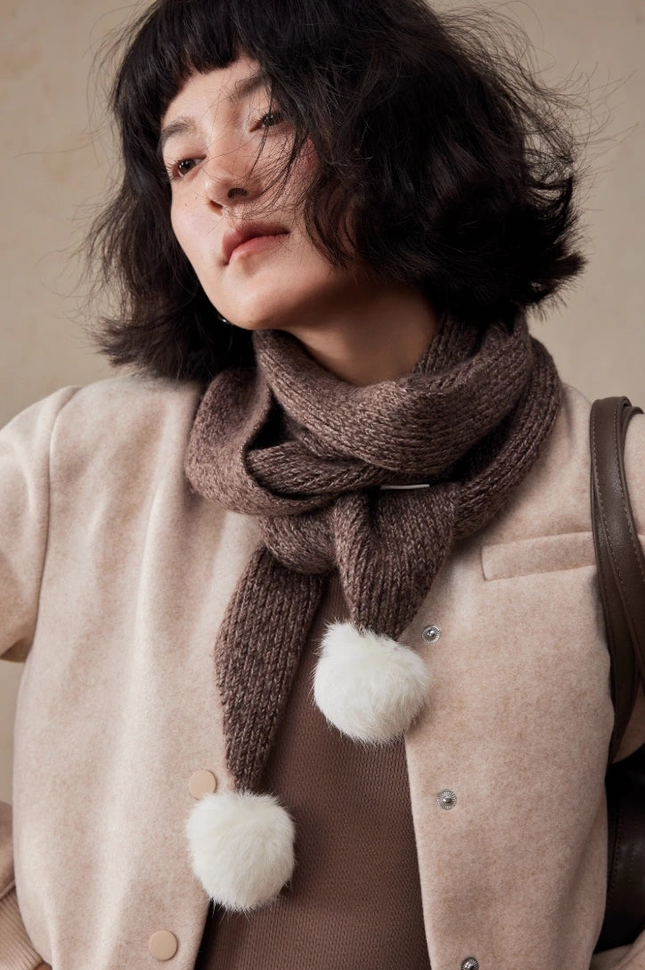 Women's Skinny Knit Scarf with Pom-Pom Design | Multiple Colors