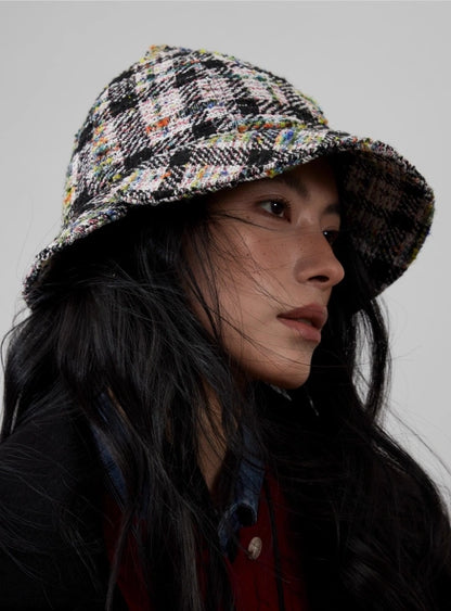 Women’s Tweed Cloche Hat for Winter – Black & White / Green Mélange