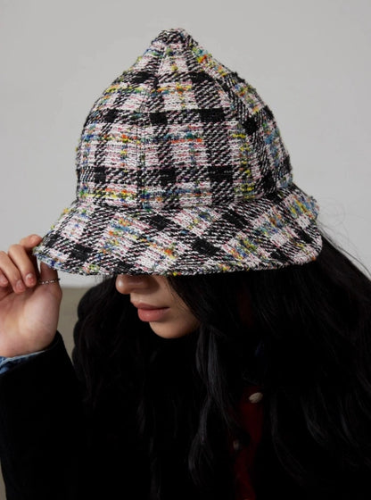 Women’s Tweed Cloche Hat for Winter – Black & White / Green Mélange