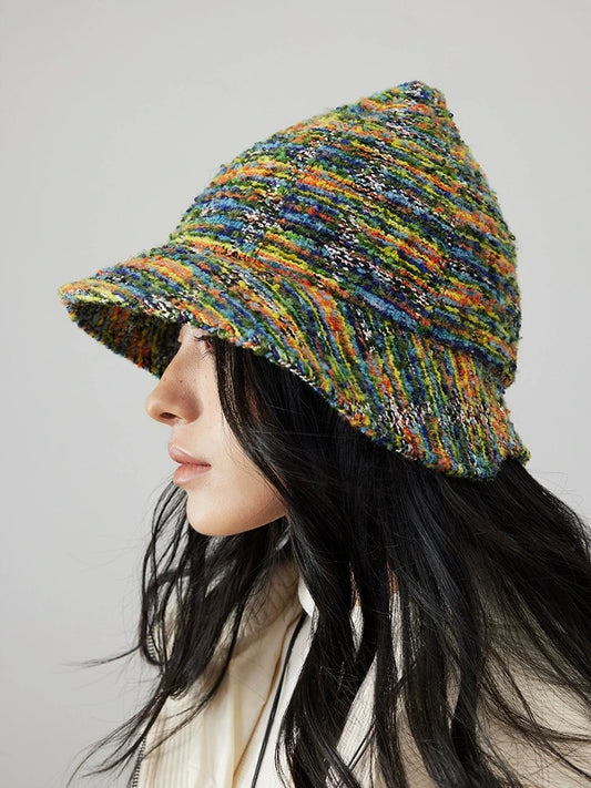 Women’s Tweed Cloche Hat for Winter – Black & White / Green Mélange