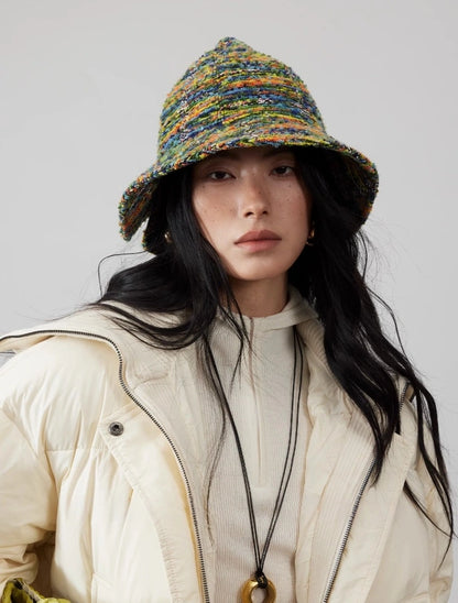 Women’s Tweed Cloche Hat for Winter – Black & White / Green Mélange