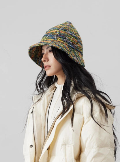Women’s Tweed Cloche Hat for Winter – Black & White / Green Mélange