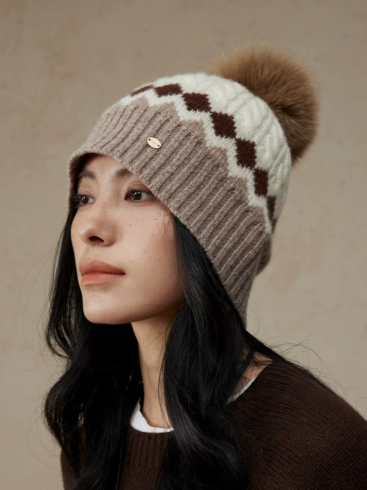 Merino Wool Beanie Hat with Fox Fur Pom