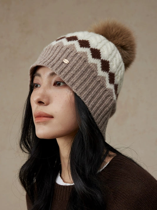 Merino Wool Beanie Hat with Fox Fur Pom
