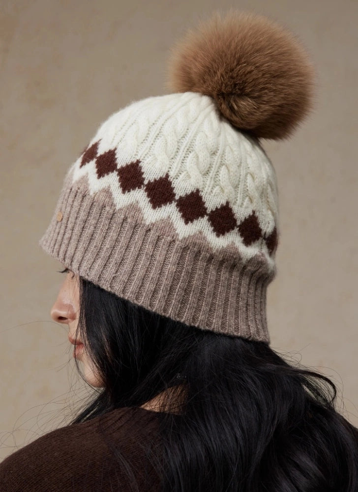 Merino Wool Beanie Hat with Fox Fur Pom