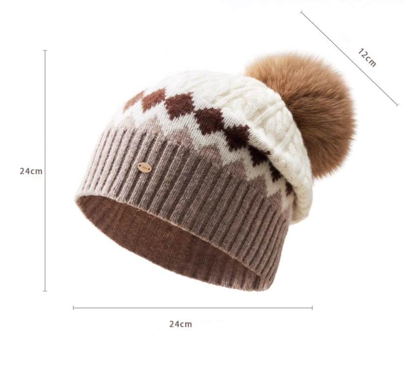 Merino Wool Beanie Hat with Fox Fur Pom
