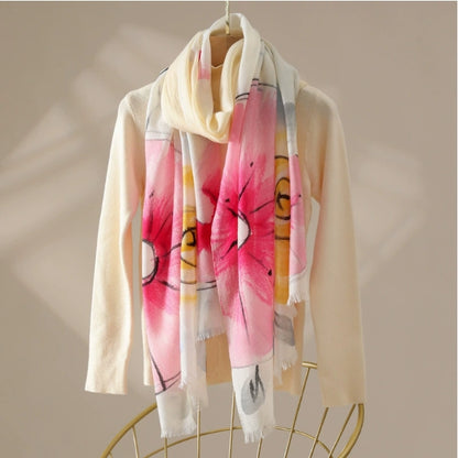Oversized Wool Scarf – With Watercolor Floral Print Lambswool Wrap - AOA Fashion Accessories