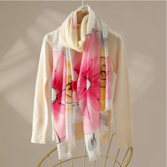 Oversized Wool Scarf – With Watercolor Floral Print Lambswool Wrap - AOA Fashion Accessories