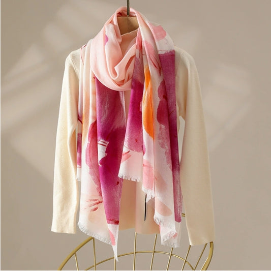 Oversized Wool Scarf – With Watercolor Floral Print Lambswool Wrap - AOA Fashion Accessories