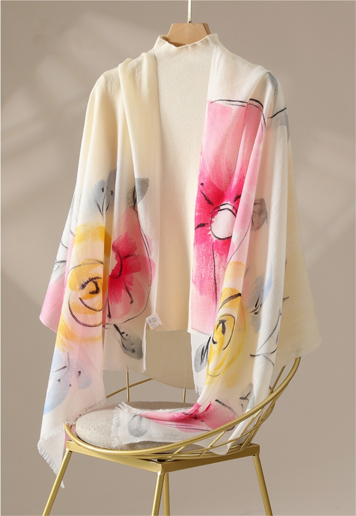 Oversized Wool Scarf – With Watercolor Floral Print Lambswool Wrap - AOA Fashion Accessories