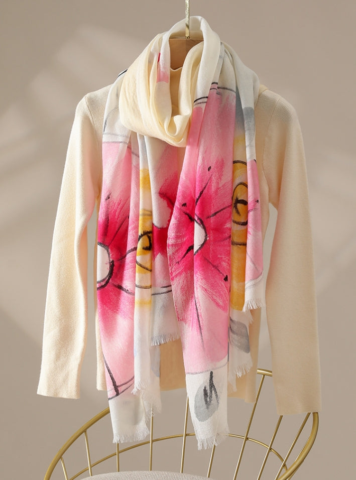 Oversized Wool Scarf – With Watercolor Floral Print Lambswool Wrap - AOA Fashion Accessories