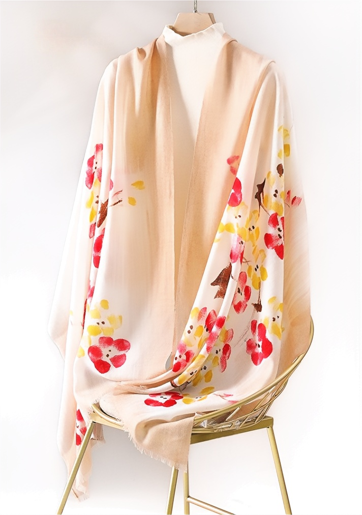 Oversized Wool Scarf – With Watercolor Floral Print Lambswool Wrap - AOA Fashion Accessories