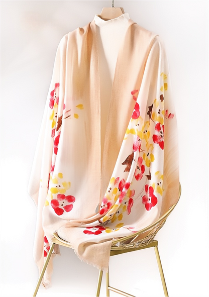 Oversized Wool Scarf – With Watercolor Floral Print Lambswool Wrap - AOA Fashion Accessories