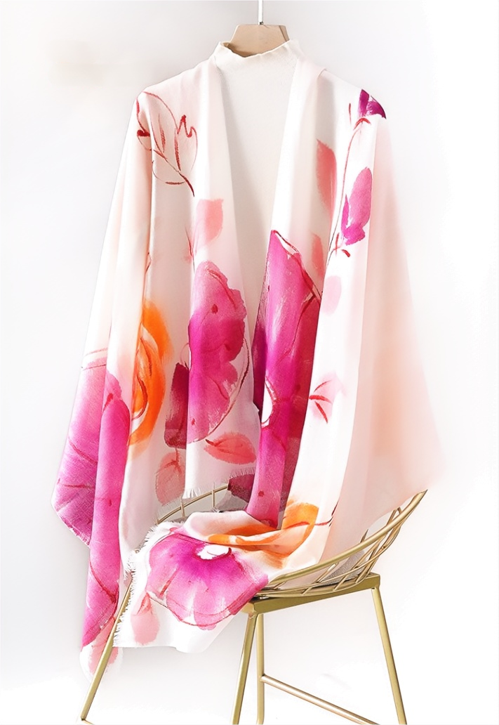 Oversized Wool Scarf – With Watercolor Floral Print Lambswool Wrap - AOA Fashion Accessories