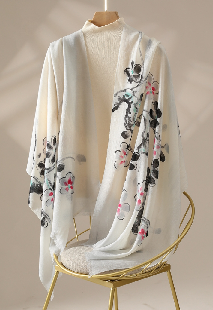 Oversized Wool Scarf – With Watercolor Floral Print Lambswool Wrap - AOA Fashion Accessories