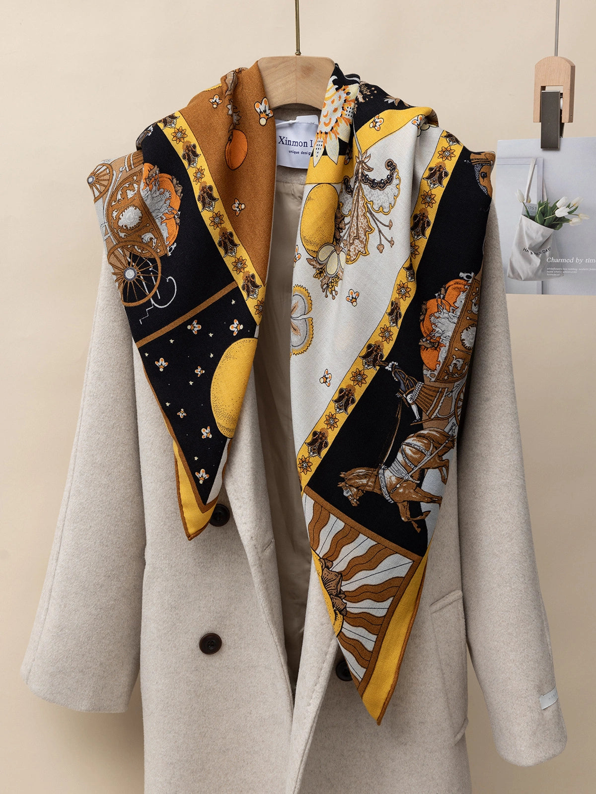 Silk Wool Square Scarf - Persimmon Tree Print | Yellow, 130*130cm, draped on a coat, showcasing vibrant floral and carriage patterns, stylish accessory.