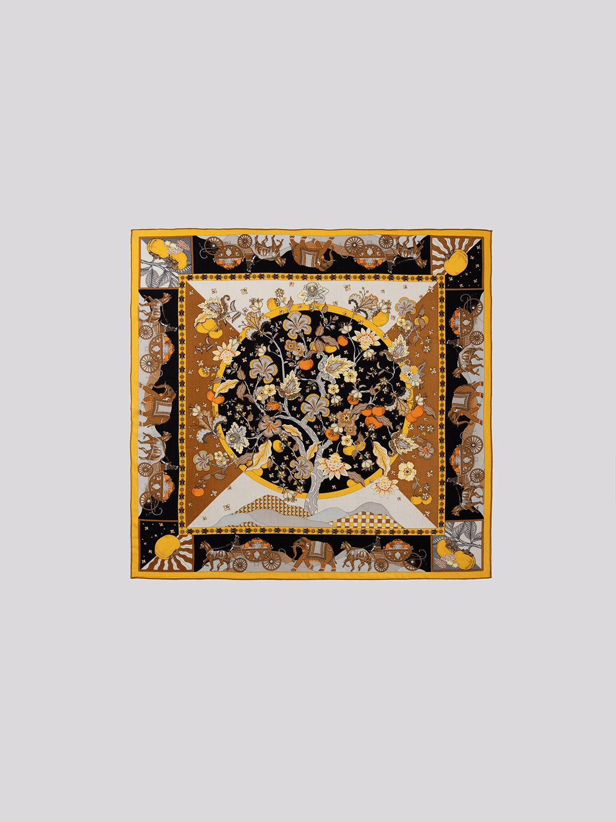 Silk Wool Square Scarf - Persimmon Tree Print | Yellow, 130*130cm, flat lay view, detailed floral and carriage design, luxurious and versatile fashion piece.