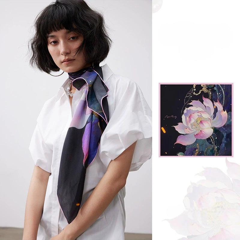 Model wearing a 100% mulberry silk square scarf with artistic lotus print, styled elegantly with a white shirt