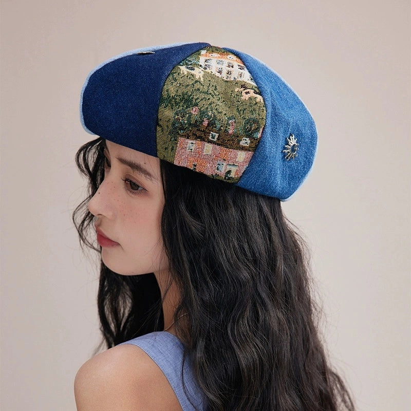 Woman wearing a retro jacquard denim beret hat with artistic patchwork design