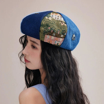 Woman wearing a retro jacquard denim beret hat with artistic patchwork design