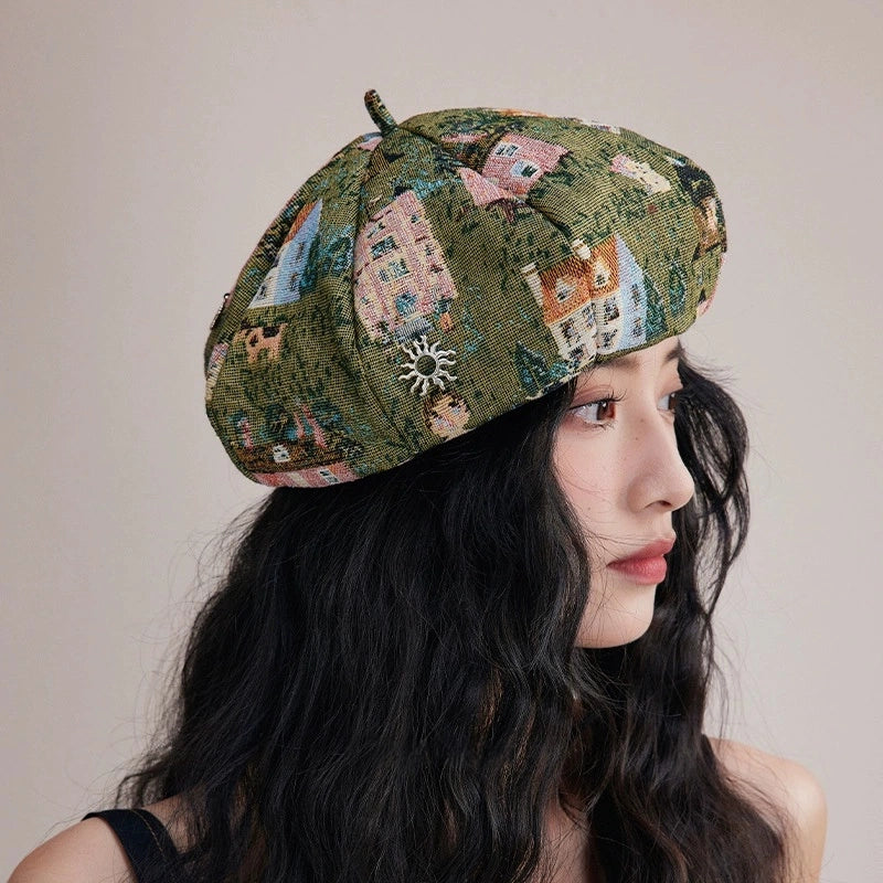 Women’s retro octagonal beret cap with allover oil painting style jacquard pattern