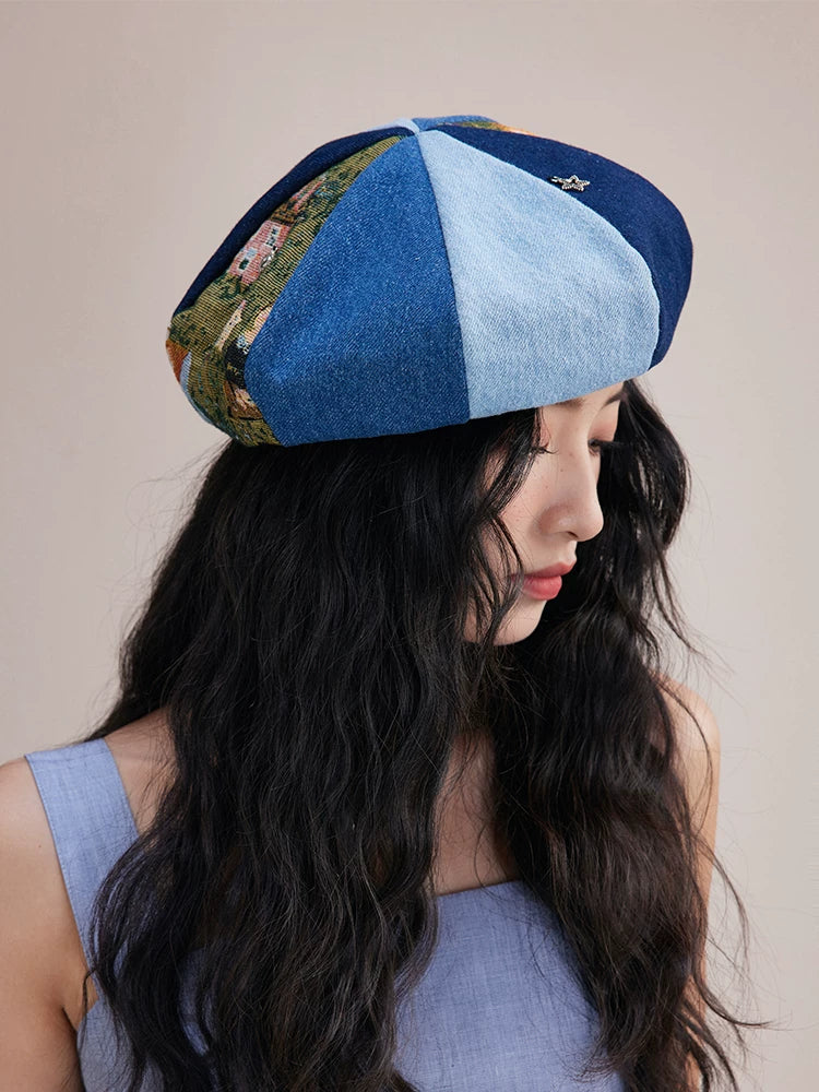 Side view of denim patchwork beret hat for women with vintage artistic panels