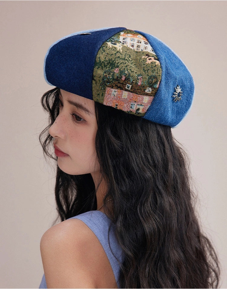 Vintage jacquard denim beret hat styled as an elegant women’s newsboy cap