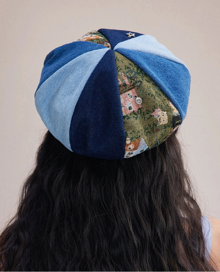 Back view of retro denim patchwork beret hat with octagonal crown design