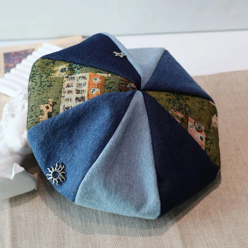 Close-up of artistic vintage beret newsboy cap with denim and jacquard patchwork