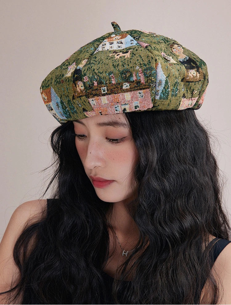 Front view of women’s oil painting print beret hat with retro octagonal shape