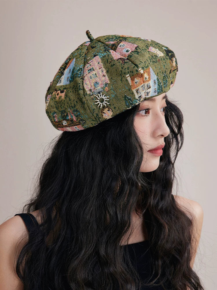 Elegant women’s newsboy cap with vintage jacquard pattern and soft artistic style