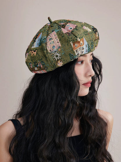 Elegant women’s newsboy cap with vintage jacquard pattern and soft artistic style