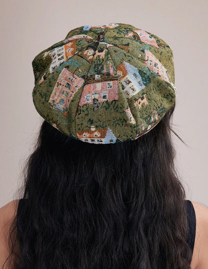 Back view of allover oil painting print beret hat for women in vintage green tones