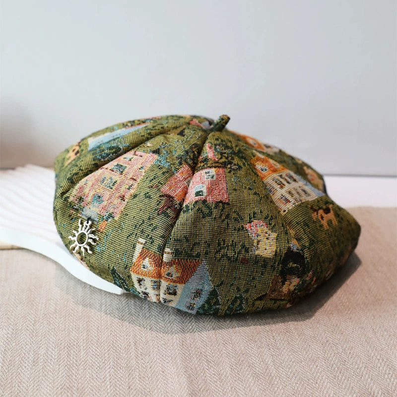 Flat lay of retro octagonal beret cap with artistic jacquard fabric texture