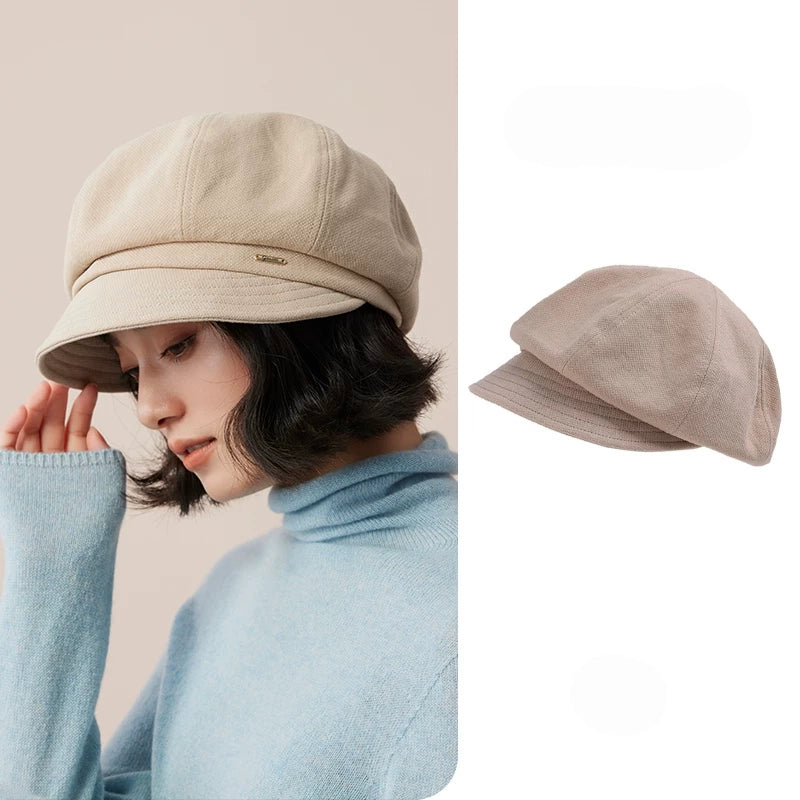 Beige fleece-lined newsboy cap for women, shown on a model beside a separate side view of the hat.