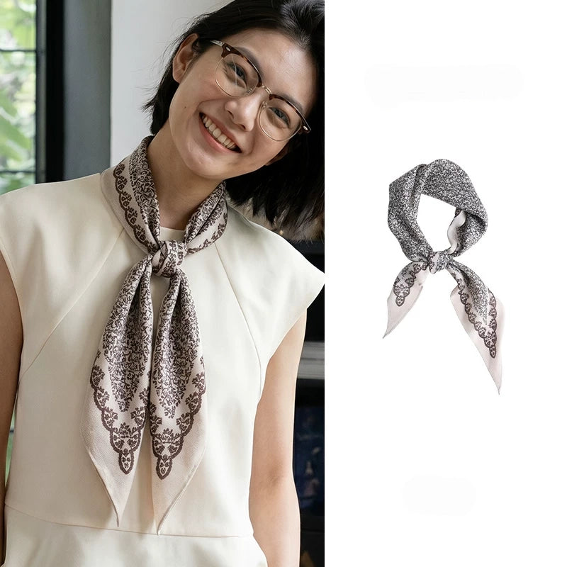 Woman wearing a beige vintage floral silk wool triangle scarf beside a full product view