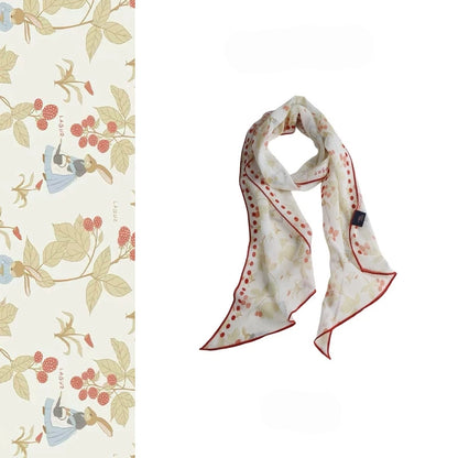 Ivory and berry-red rabbit print mulberry silk skinny scarf with full-length and pattern detail