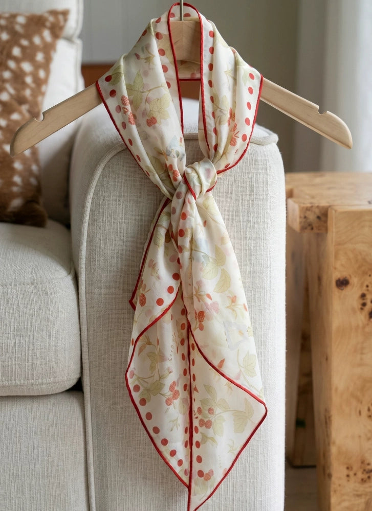 Berry rabbit print silk ribbon scarf hanging from a wooden hanger