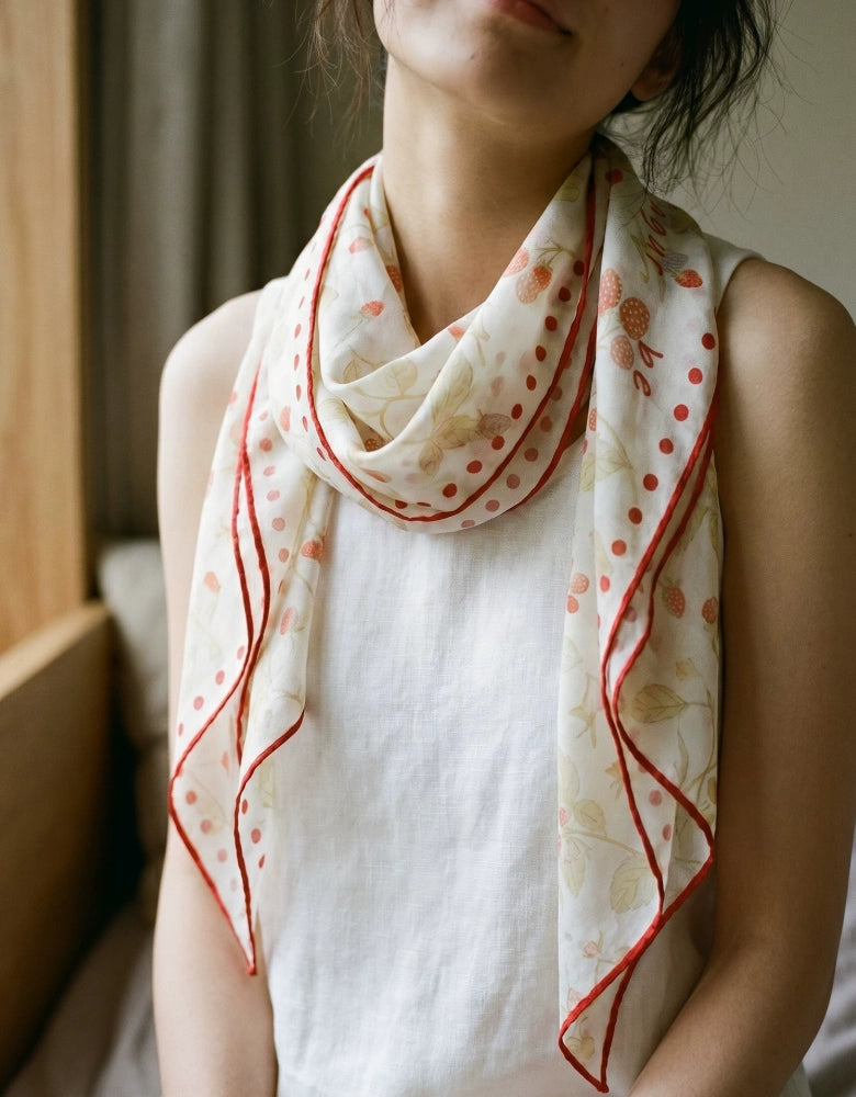 Close-up of a berry rabbit print silk scarf styled over a sleeveless white top