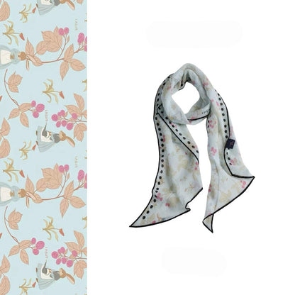 Sky blue berry and rabbit print mulberry silk skinny scarf with full-length and pattern detail