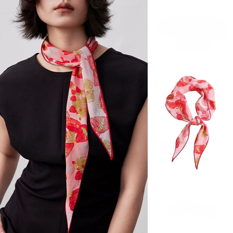 Berry red mulberry silk scarf worn as a neck scarf, butterfly and berry print, elegant styling