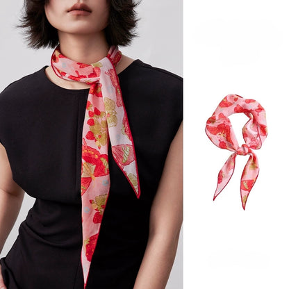 Berry red mulberry silk scarf worn as a neck scarf, butterfly and berry print, elegant styling