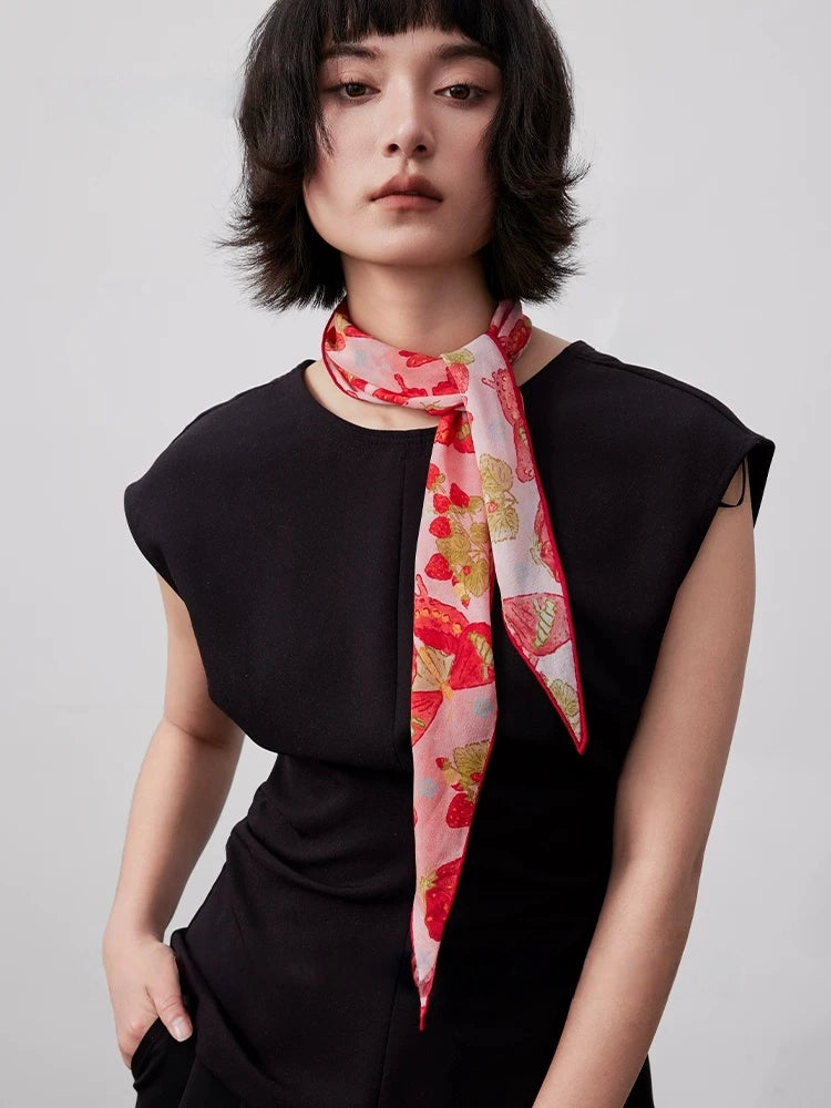 Berry red silk scarf with butterfly print styled on model, lightweight mulberry silk neck scarf