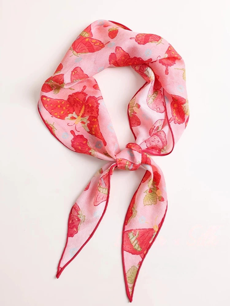 Berry red silk scarf folded styling, butterfly print mulberry silk scarf detail view